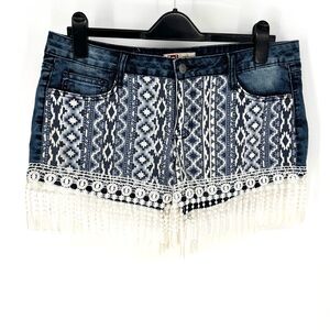 LEI Blue and White Patterned fringe tassel southwest bohemian Jean Shorts